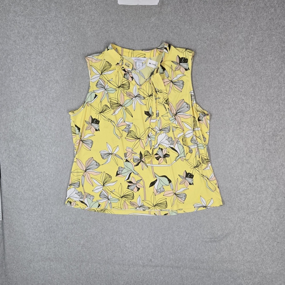 Liz Claiborne Women Blouse XXL Yellow Floral Popcorn Button Sleeveless Tie NWT